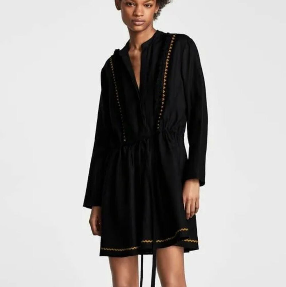 Zara Linen Tunic Mini Dress Pom Pom Trim Black Long Sleeve Women's Size Small
